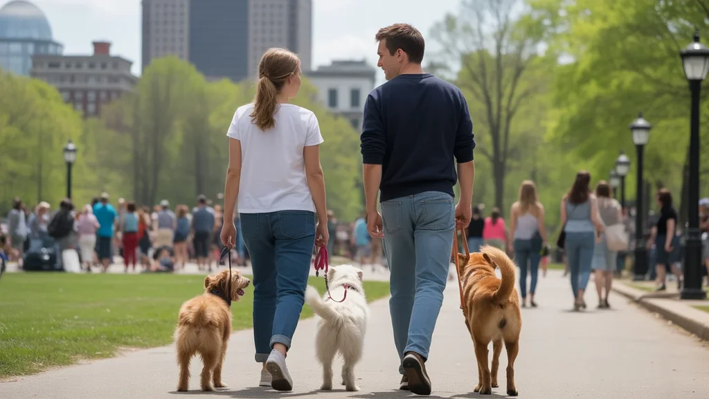 Friends walking dogs together in a busy park in Lexington, Kentucky