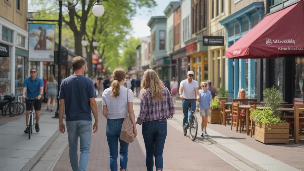 Friends walking down a vibrant mixed-use street in Lakewood