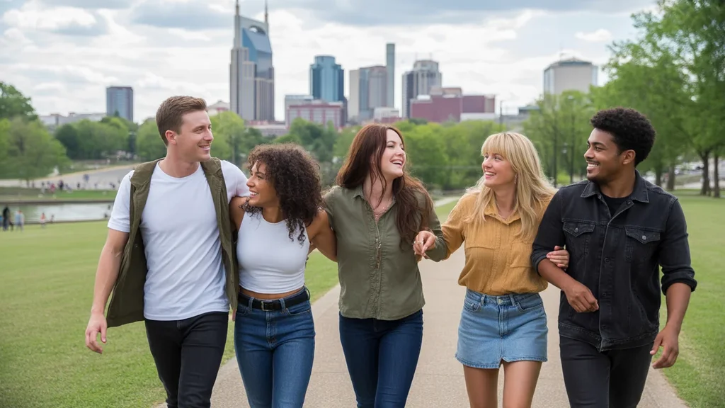 Friends walking through park with Nashville skyline in background