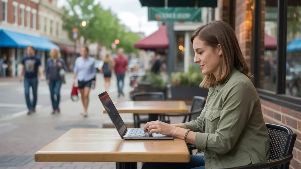 Woman works on laptop in walkable Lakewood coffee shop with street view