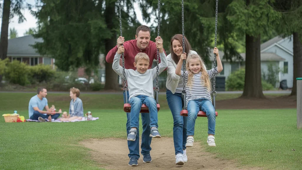 A family enjoys swings and green space at a neighborhood park in Gresham, Oregon
