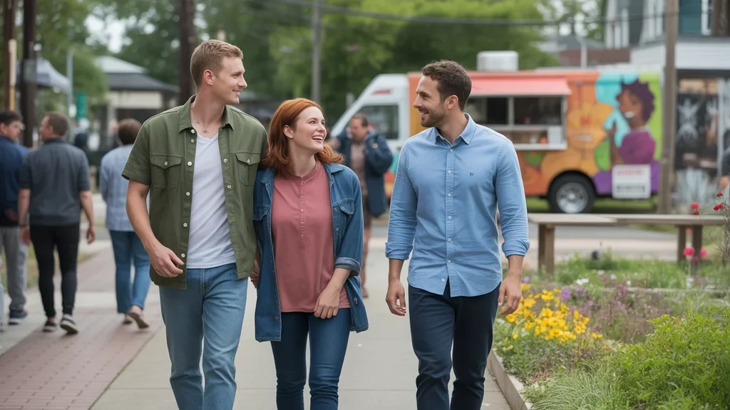 Friends walking through a lively park in Smyrna surrounded by art and amenities