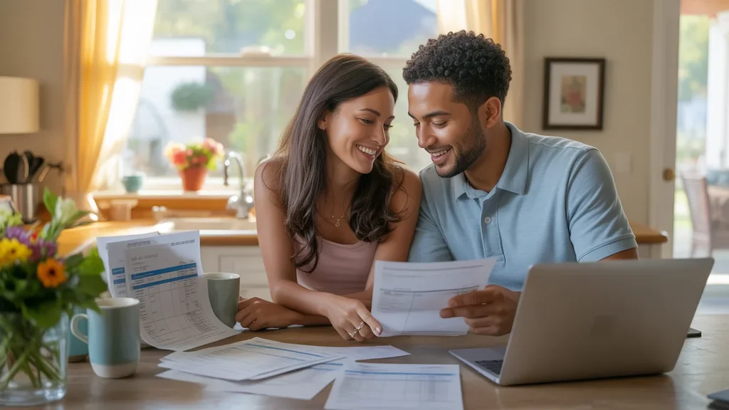 Couple reviewing utility bills and budget at kitchen table in Alpharetta home