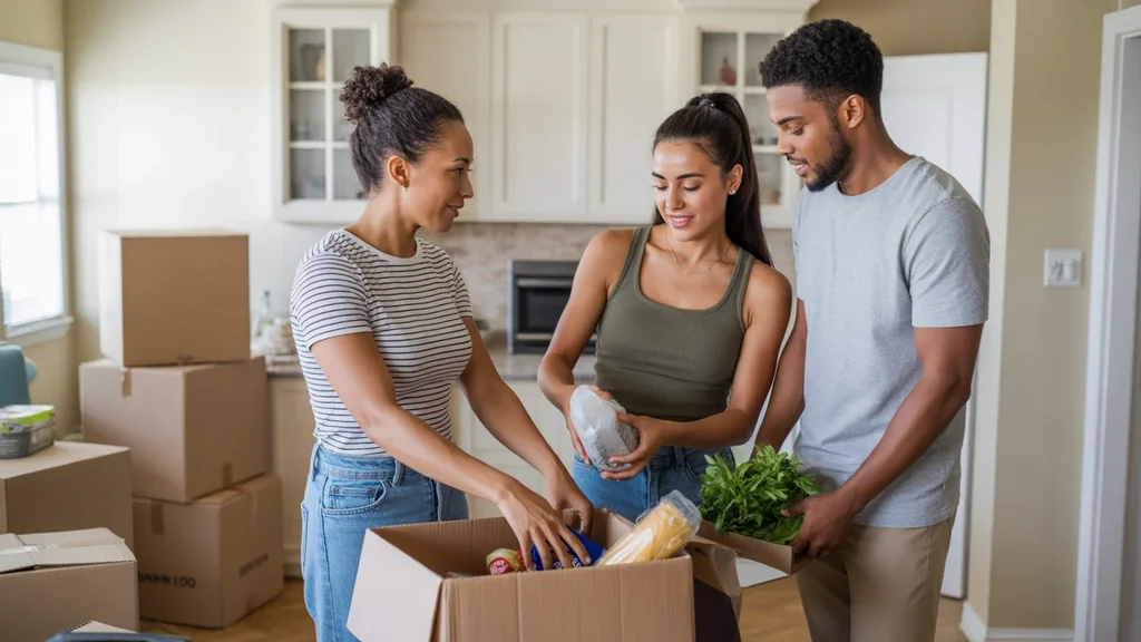 Roommates putting away groceries in their new Thornton kitchen