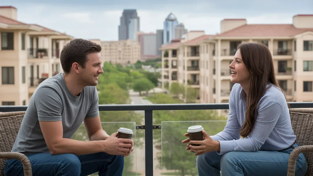 Friends enjoy coffee on an Irving apartment balcony