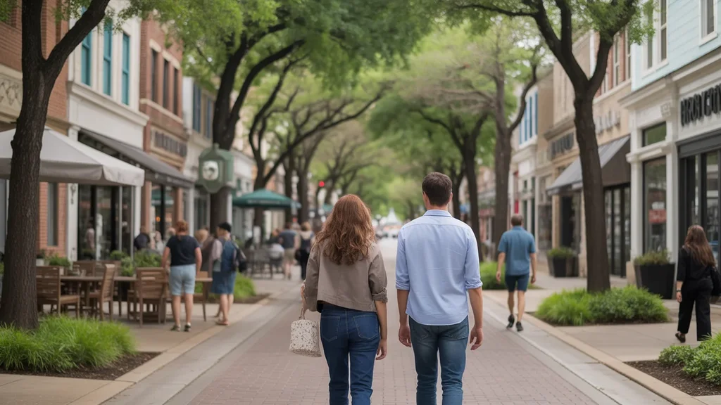 Friends walking down mixed-use street in Plano pointing at architecture
