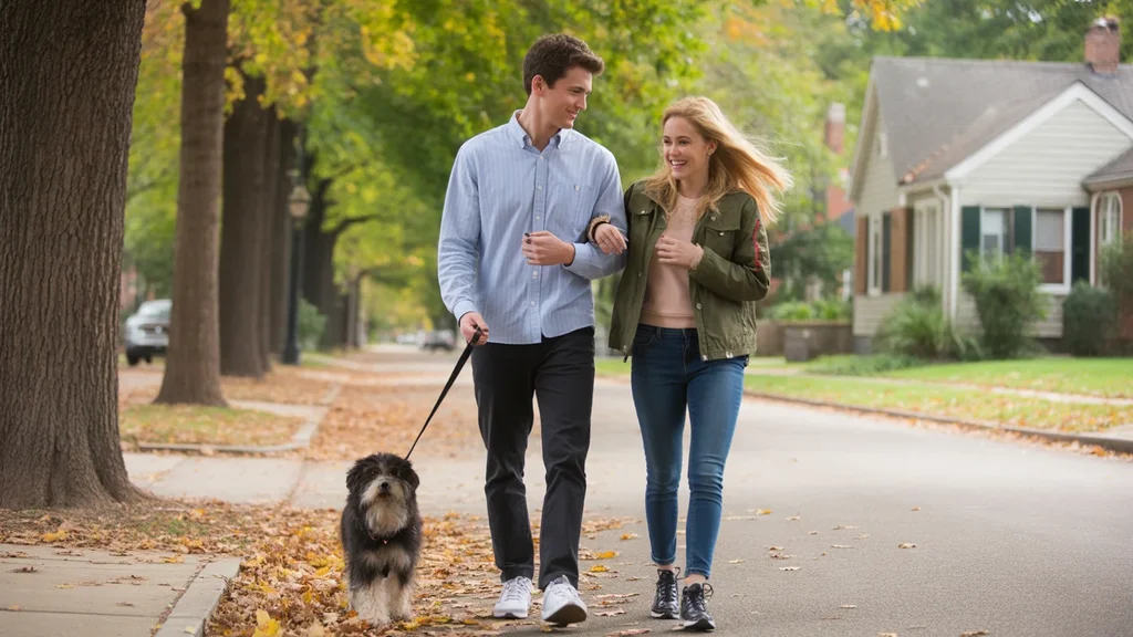 Couple walking dog on residential street in Louisville