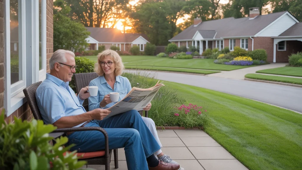 Retired couple enjoying coffee on patio of Lexington home