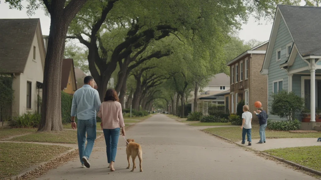 Family walking dog past diverse homes on tree-lined street in Pasadena, TX