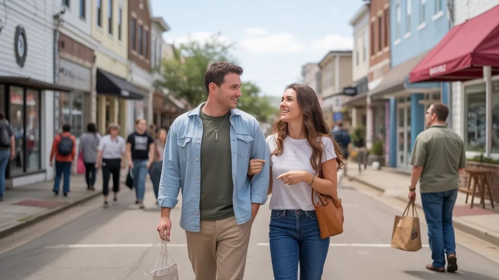 Friends admire architecture while walking through an affordable but lively Pasadena neighborhood.