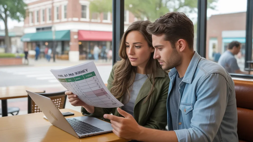 Couple comparing cost of living in Plano vs McKinney at a cafe
