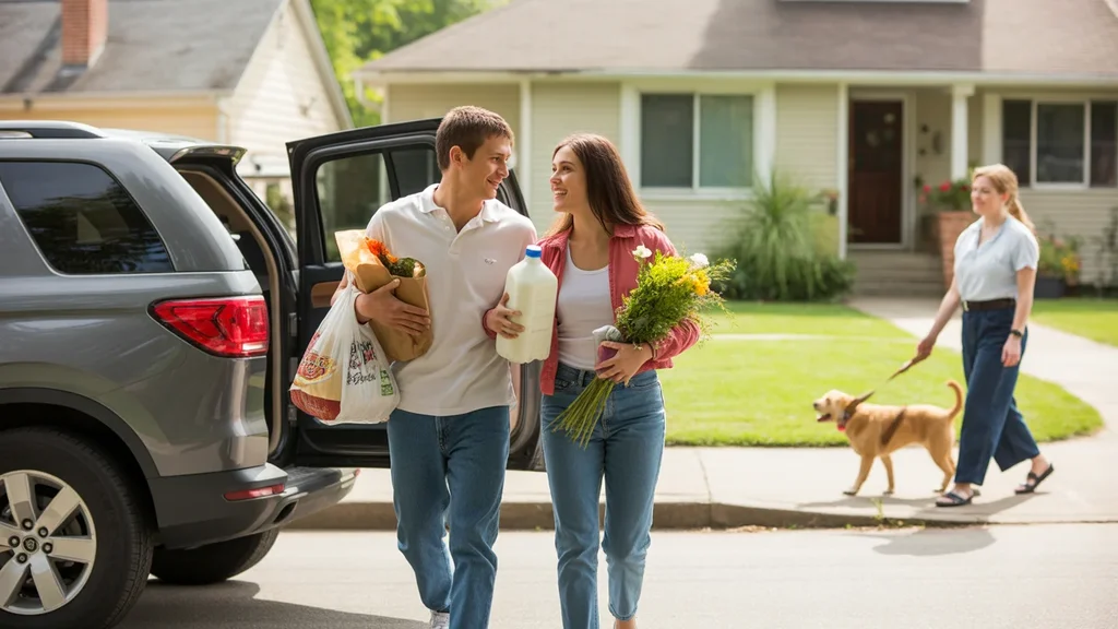 Couple unloading groceries from car outside suburban home in Jeffersontown, KY