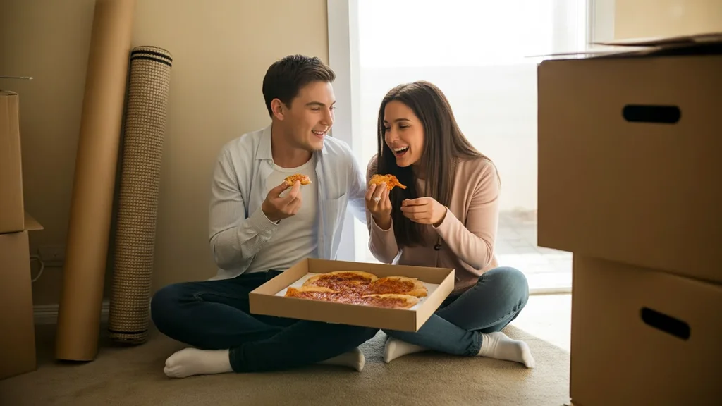 A couple eats pizza on the floor of their new, unfurnished apartment in Paradise, NV