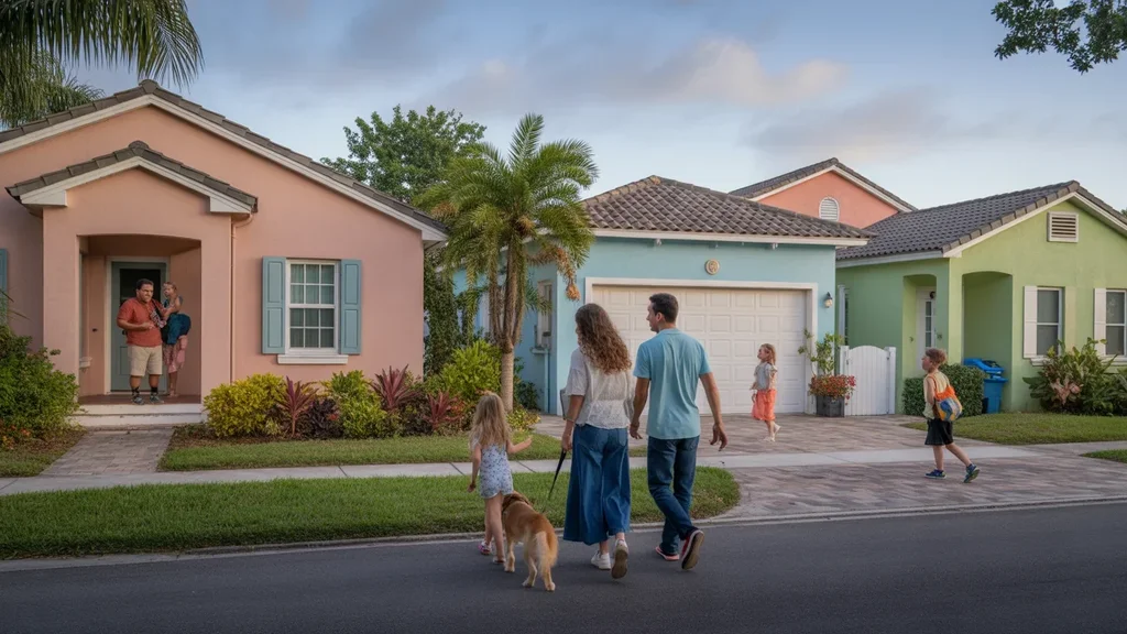 Family walking dog in vibrant Kissimmee neighborhood at dusk