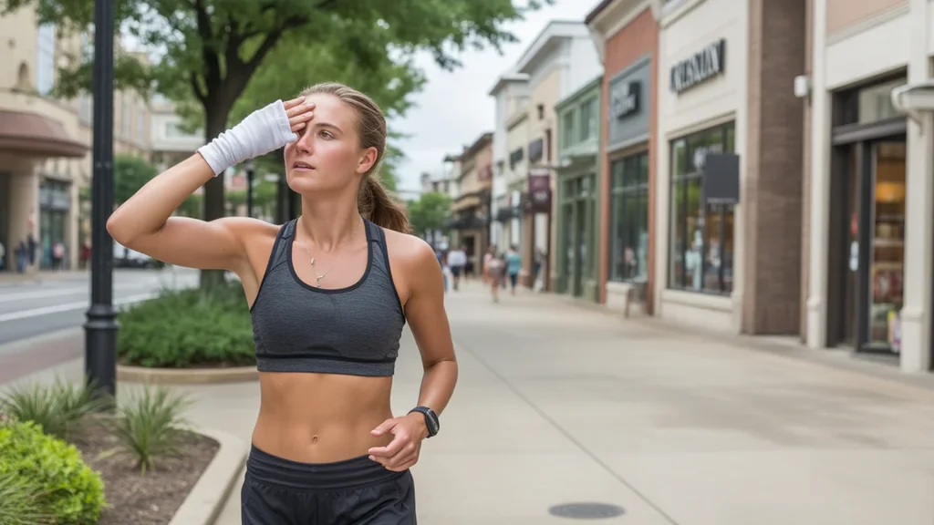 Jogger taking a break on a Frisco sidewalk near high-end shops and eateries