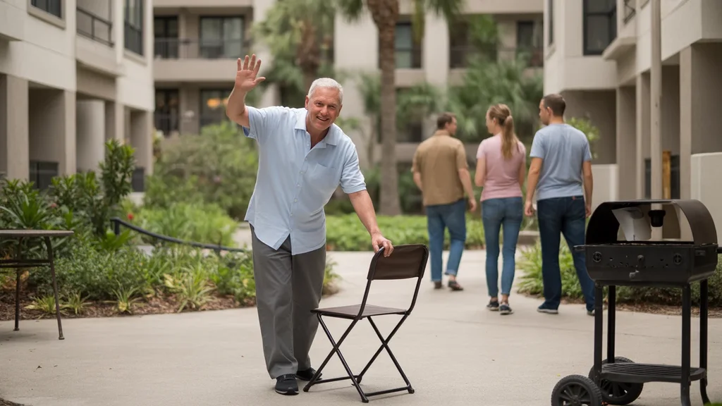Man setting up chair in shared courtyard of Tampa apartment complex