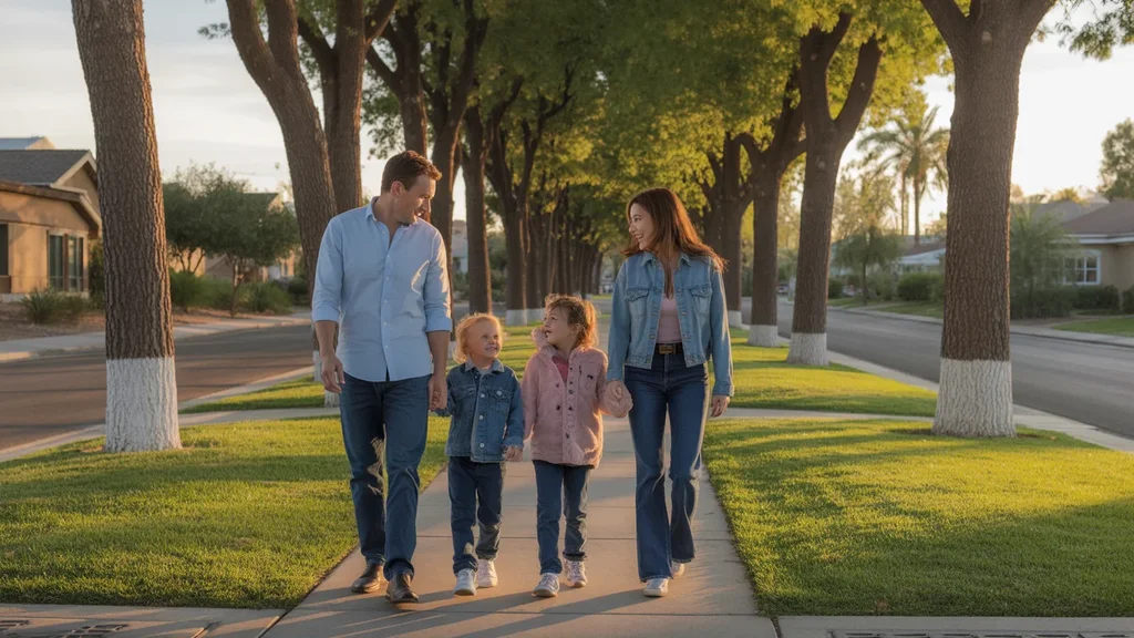 Family walking through suburban Spring Valley park at sunset