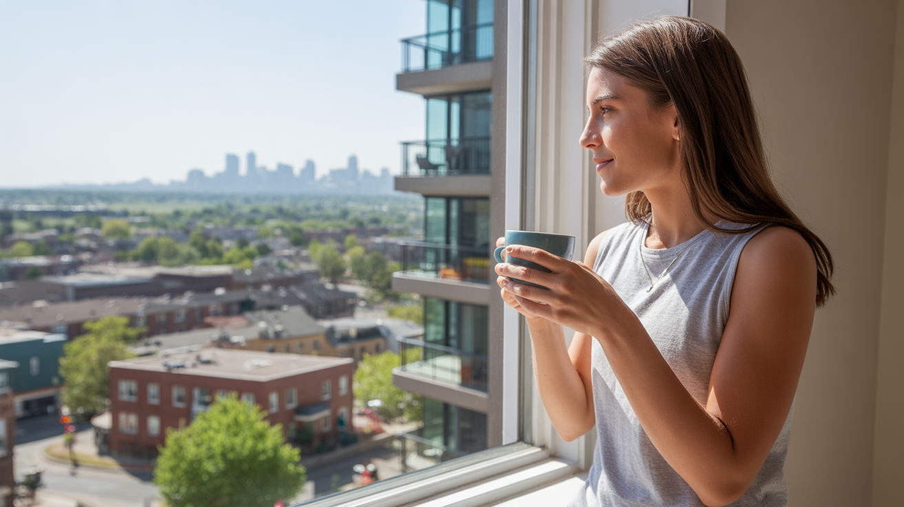 A woman enjoys coffee with a view of Lakewood, Colorado from her apartment.