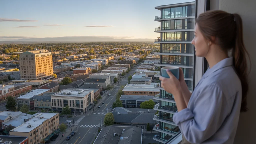 Young professional admiring the view of downtown Hillsboro from a high-rise apartment