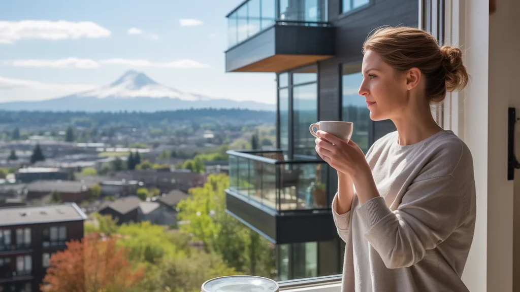 Woman drinking coffee and looking at view of Tigard from apartment window