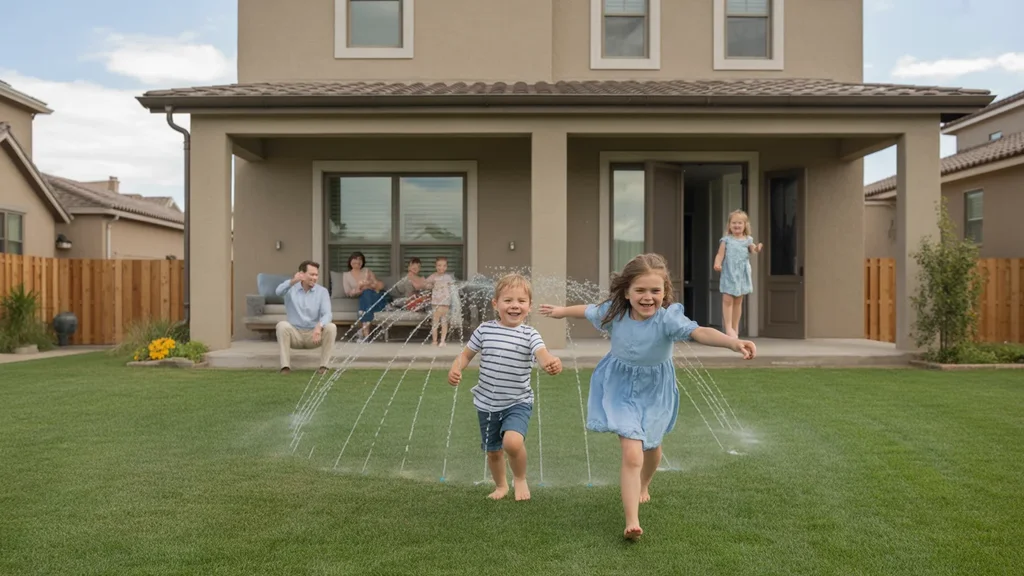 Family playing in backyard of suburban home in Westminster, Colorado