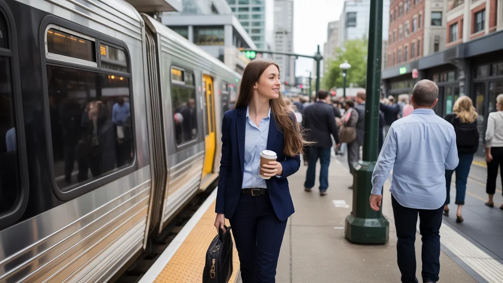 A woman exits a busy train in Portland, Oregon and takes in her new city surroundings