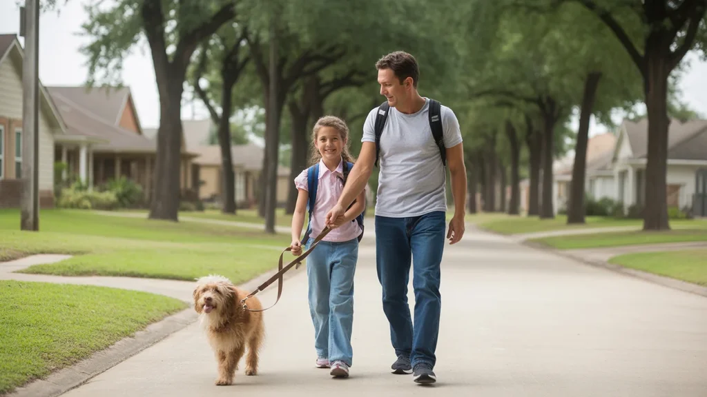 Father and daughter walk dog to school through a Pearland neighborhood