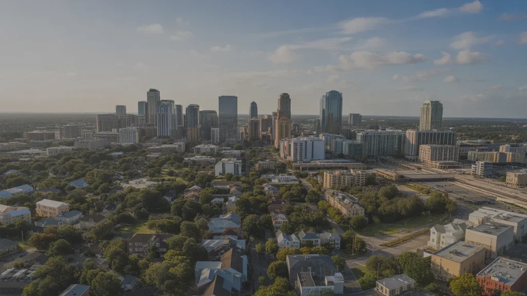 Aerial view of downtown Orlando skyline and high-rise buildings at sunset