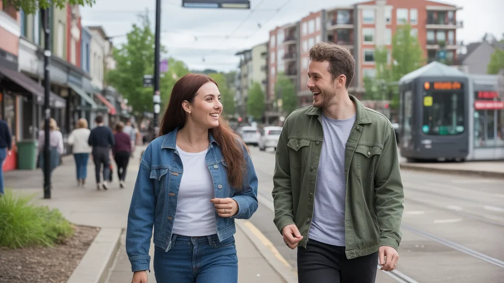 Friends chat while walking past shops and apartments in Tigard, Oregon