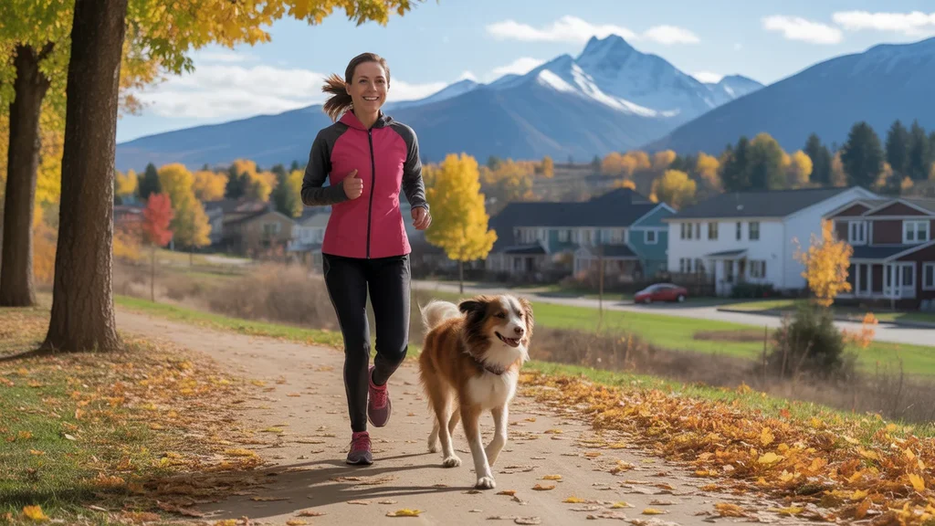 Woman jogging with her dog on a neighborhood trail in Stonecrest, CO