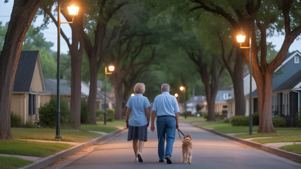 Older couple walking dog in Garland neighborhood at dusk