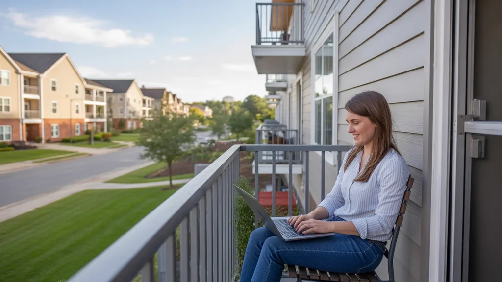 A woman works on her laptop on an apartment balcony in Huntersville, NC