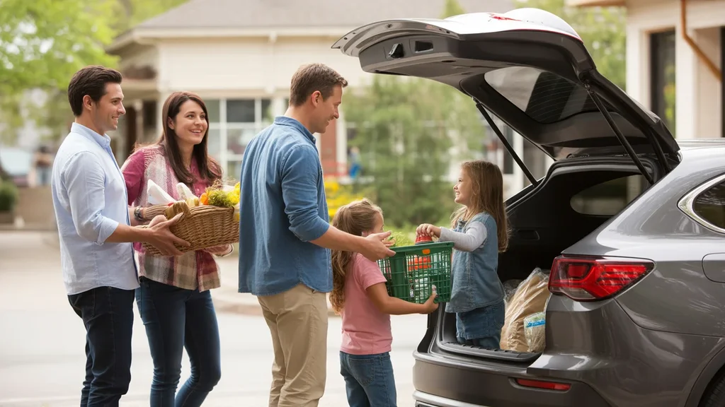 Family loading groceries into car in Aurora with neighbors in background