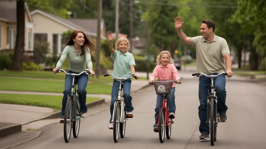 Family riding bikes in suburban Gresham, Oregon neighborhood on sunny day
