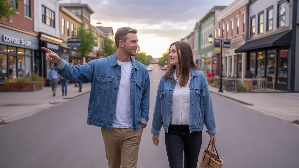 Friends explore a walkable mixed-use neighborhood in Aurora