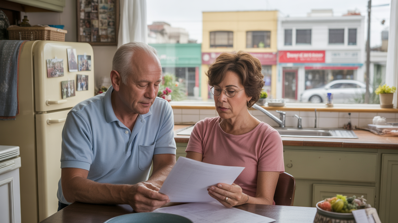 A couple reviews bills at their kitchen table in their Santa Ana home.