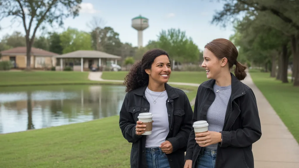 Friends on a morning walk through a neighborhood park in Katy, TX