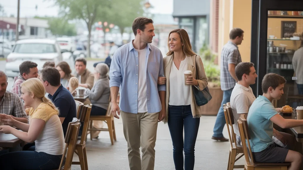 Couple entering busy Pflugerville coffee shop filled with people