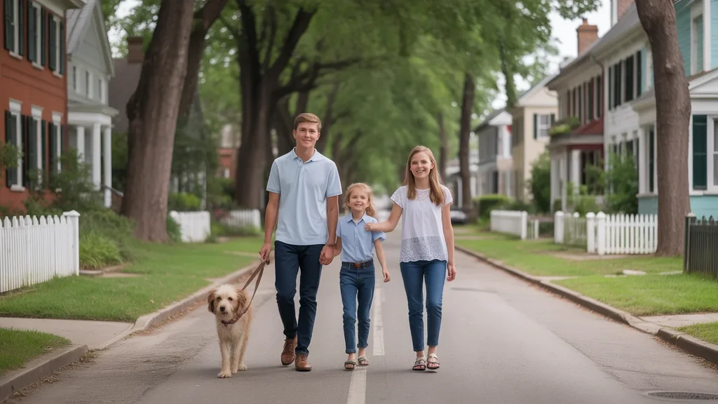 Family walking dog past historic homes in Georgetown, KY