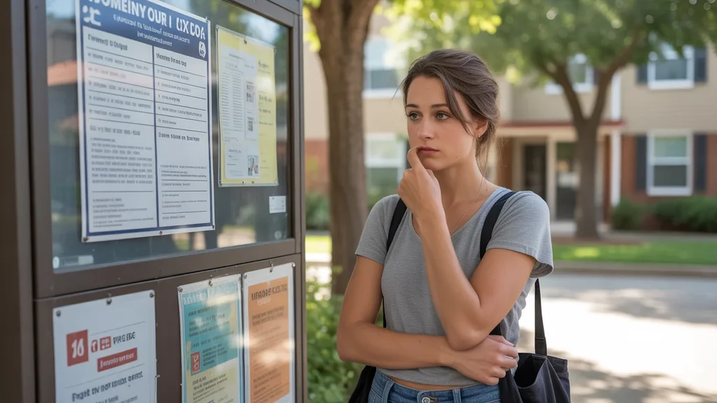 Woman reading notice about utility costs on apartment bulletin board in Midwest City, OK