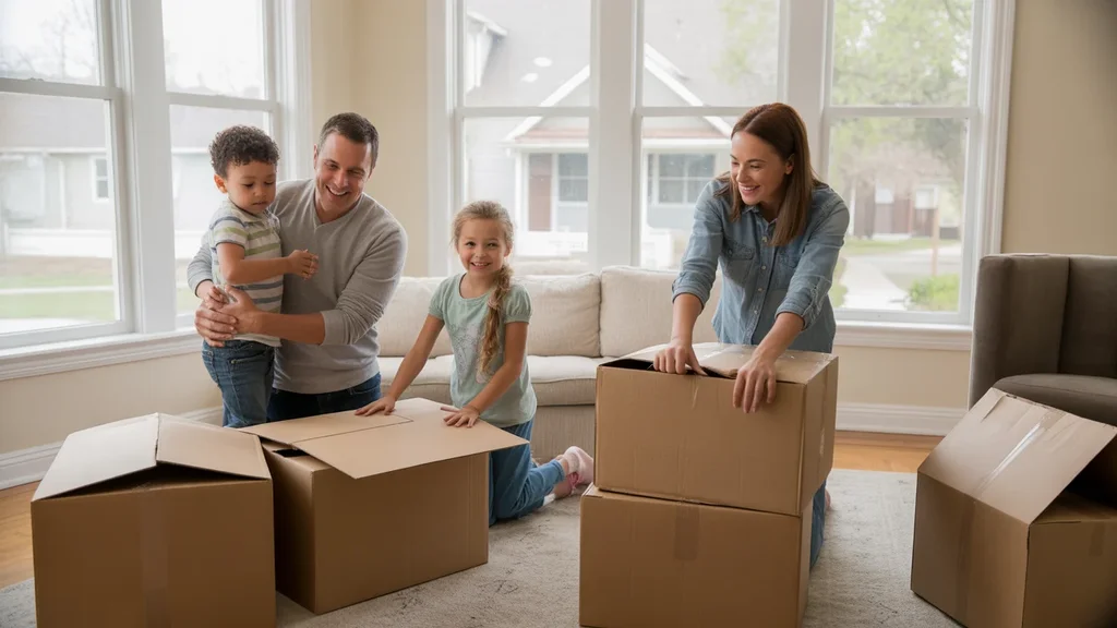 Family unpacking in their spacious new home in Aurora, IL