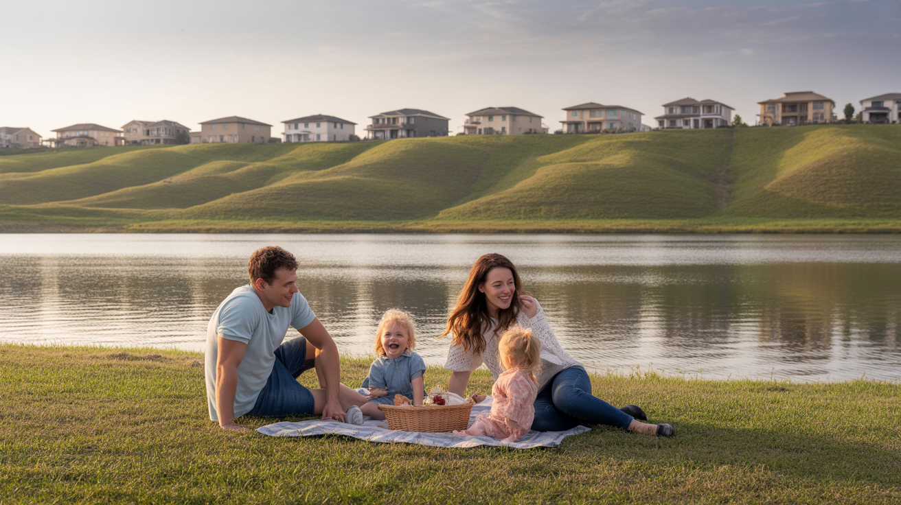 Family having a picnic by the lake in Clermont, Florida with suburban homes in the background