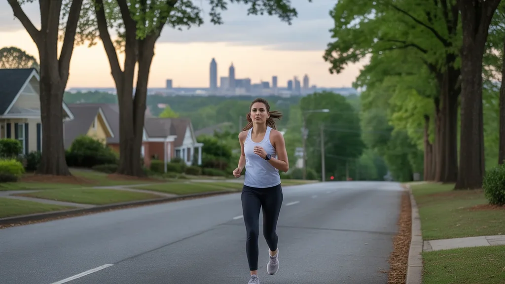 Woman pauses during jog to admire view in Roswell neighborhood