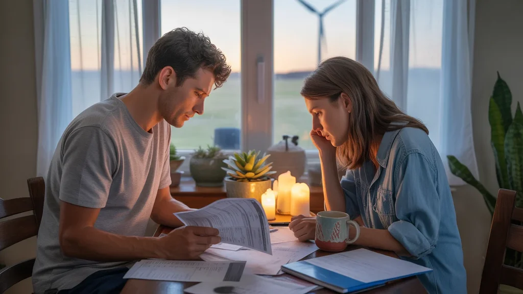 Couple reviewing utility bills and budget by candlelight in Oklahoma City home