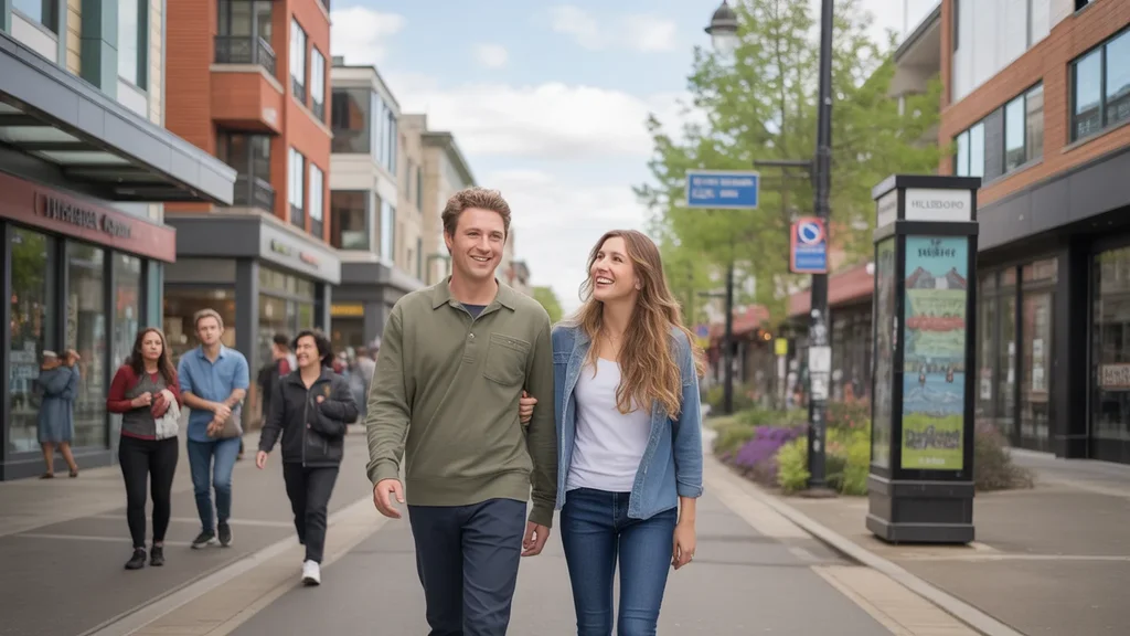 Friends walking down busy mixed-use street in Hillsboro