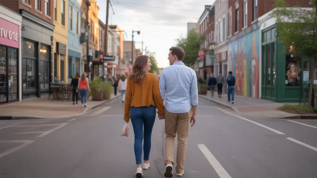 Couple exploring vibrant Nashville neighborhood at sunset
