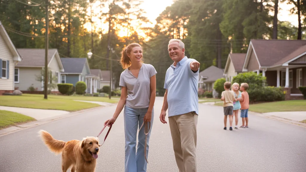 Neighbors chatting at the end of a driveway in Stonecrest, GA with a dog on a summer evening