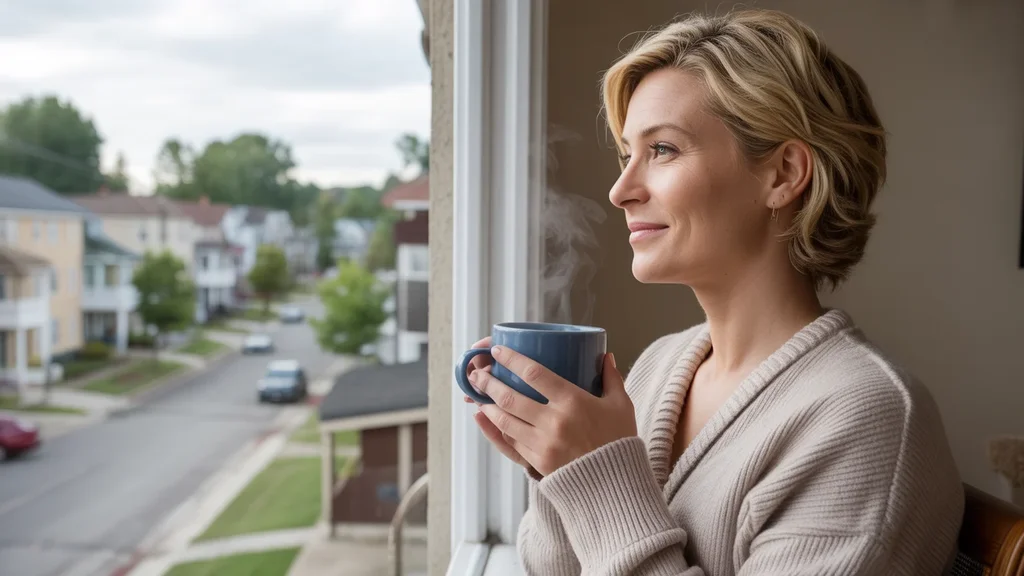 Woman looks out window of Taylorsville apartment with coffee