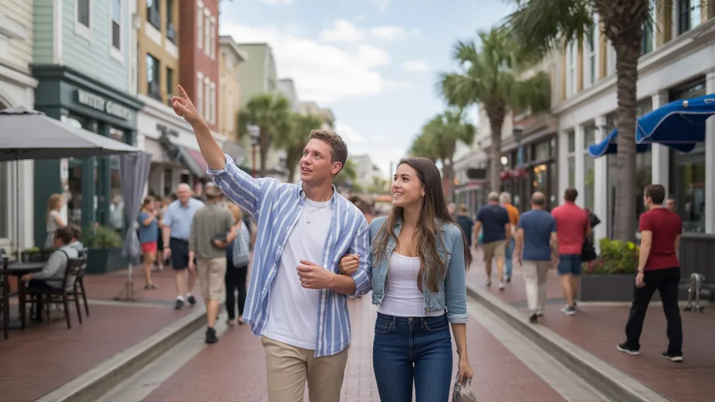 Friends walk down a lively mixed-use street in Orlando, admiring the architecture