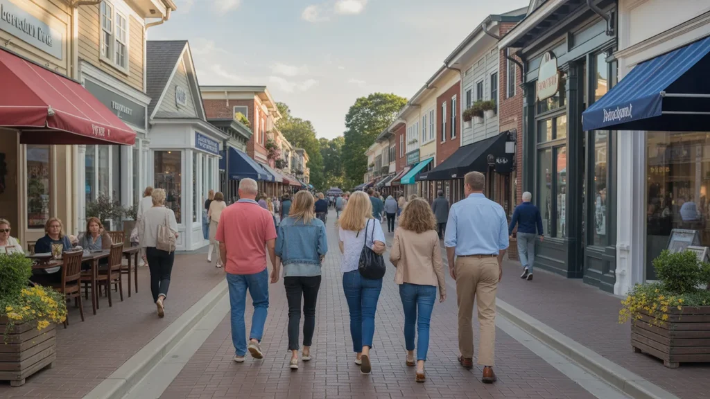 Shoppers on a busy, upscale commercial street in Brentwood, TN at dusk